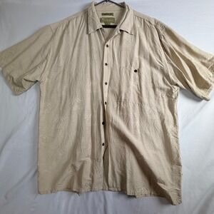Cabana by EDF Mens XL Washable Silk Palm Tree Jacquard Camp Shirt Beige